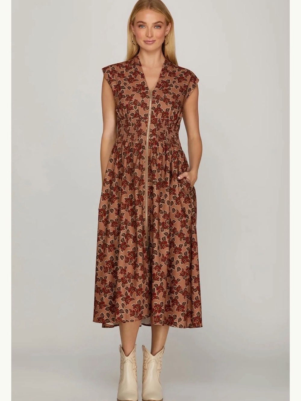 Mod Boutique Floral Midi Dress in Brown - Sleeveless Zip-Front Never Worn